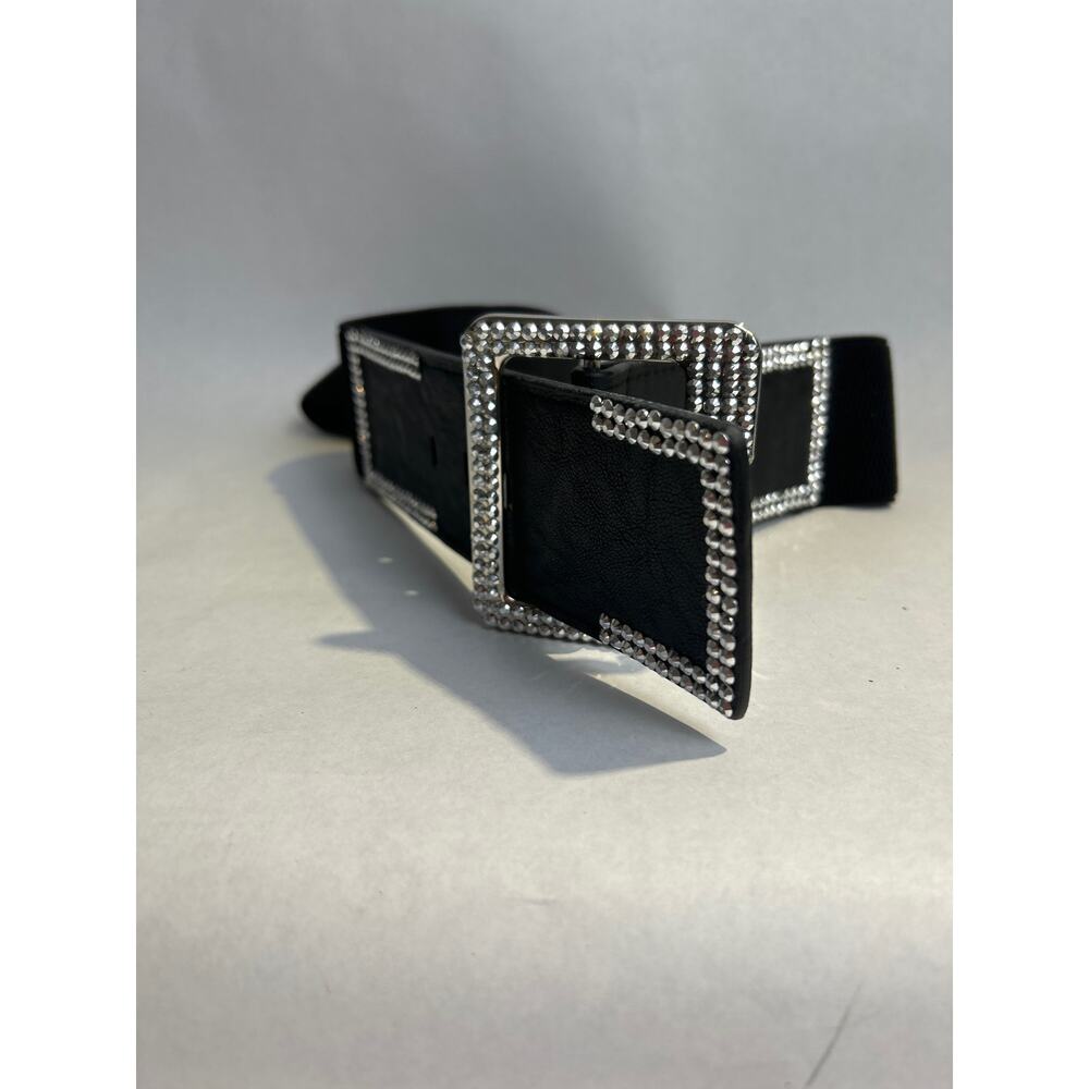 Vintage Belt Black, broad elastic belt with bling square buckle 38"